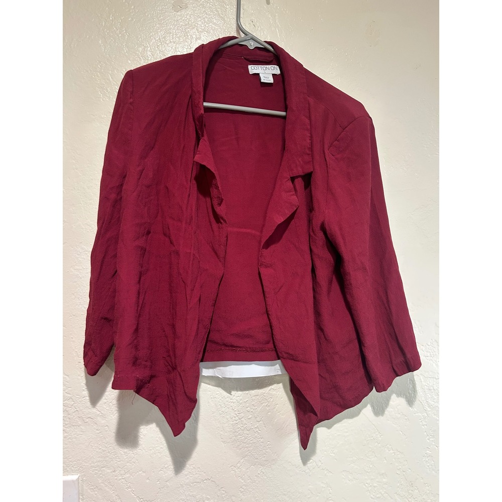 Cotton On Womens Burgundy Open Front Blazer Sharkbite‎ Hem Viscose Jacket Large